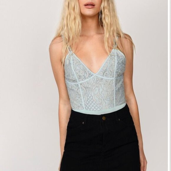 Tobi Large Lace Bodysuits Adjustable Strap Snap Zip Pastel Green Coquette New - Picture 1 of 16